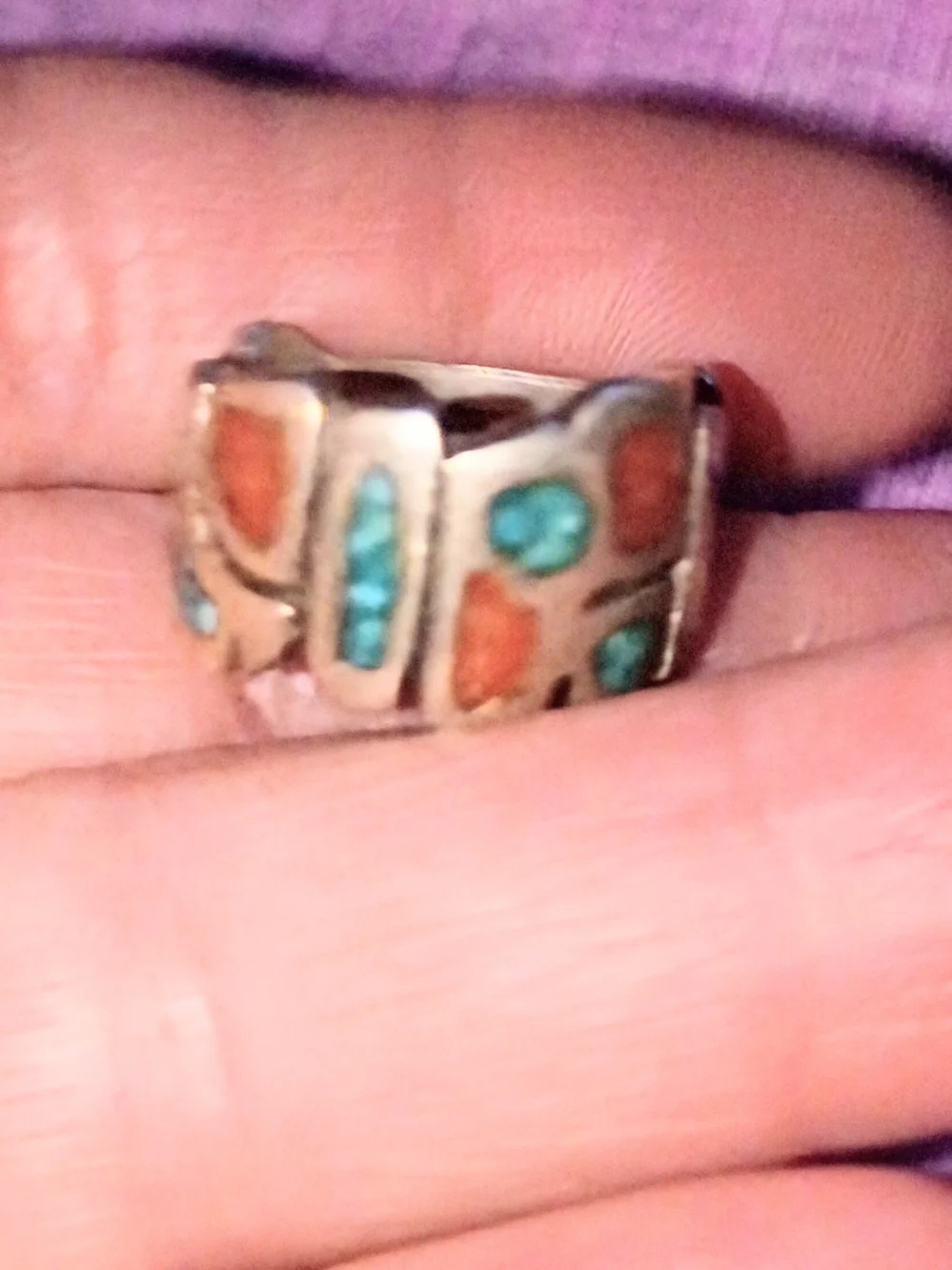 Sterling Silver Turquoise & Coral Inlay Women's Ring